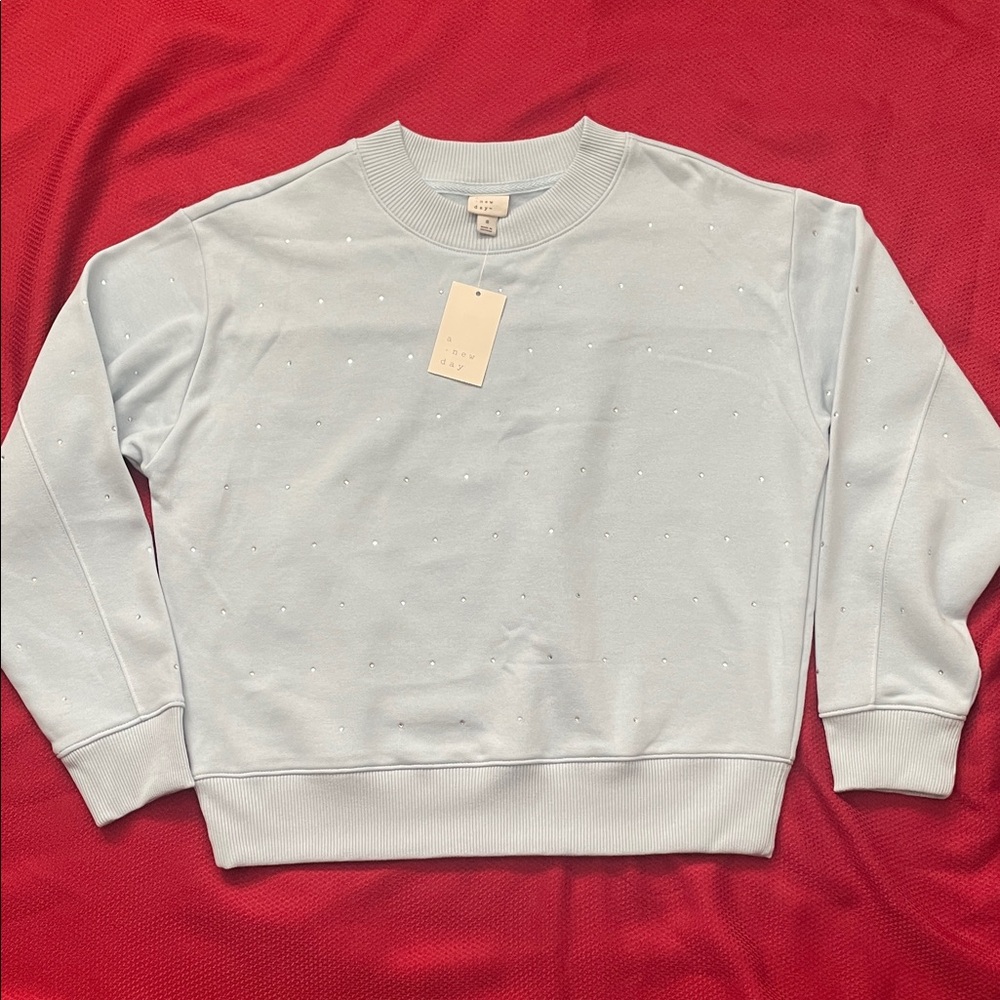 A New Day light Blue Rhinestone Fleece Sweater S NWT